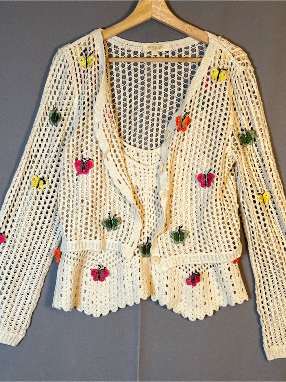 Rebellion Cream Open-Knit Crochet 2Piece Set Cardigan&Tank Butterflies Boho